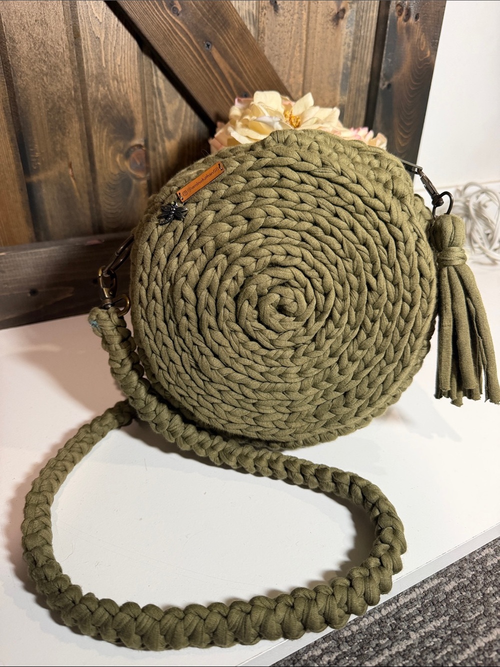 Handwoven Olive Green Round Crossbody Bag with Tassel